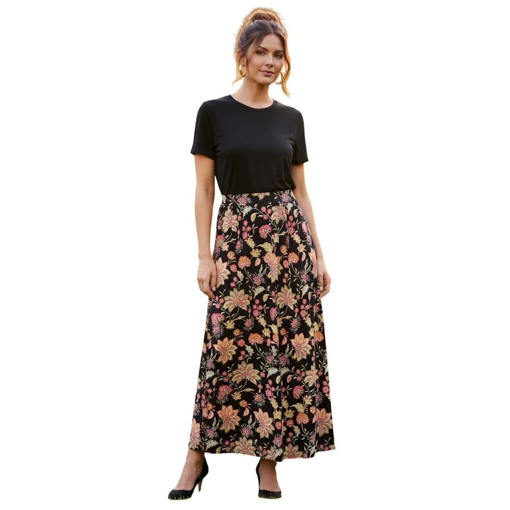 J. Jill Womens Black Floral Mixed Media V-Neck Maxi Dress Tall Medium. POCKETS